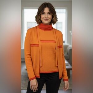 ANNAPURNA Orange Cashmere Silk Sleeveless Turtleneck Open Cardigan Set Large